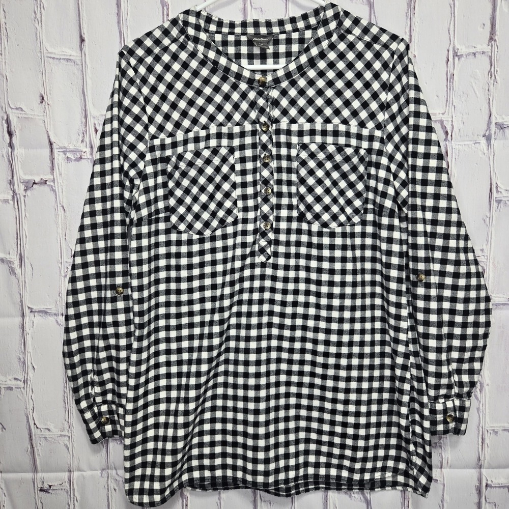 Eddie Bauer Shirt Blouse Womens Sz L Long Sleeve Black White Plaid Pockets